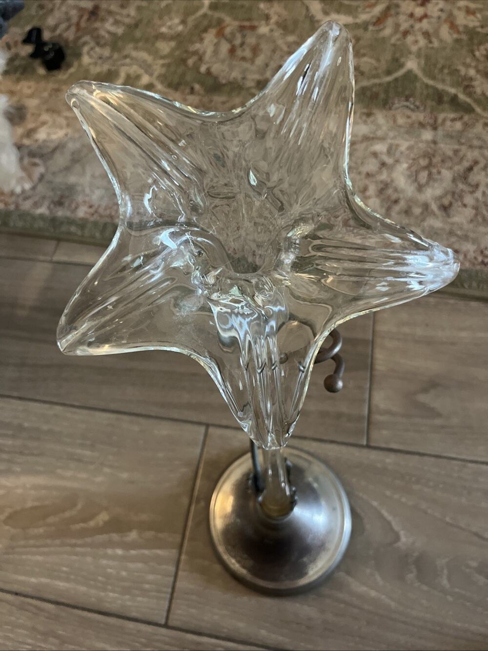 Vintage hand Blown Clear Glass Lilly Bidvase Featuring A Silver Tone Base